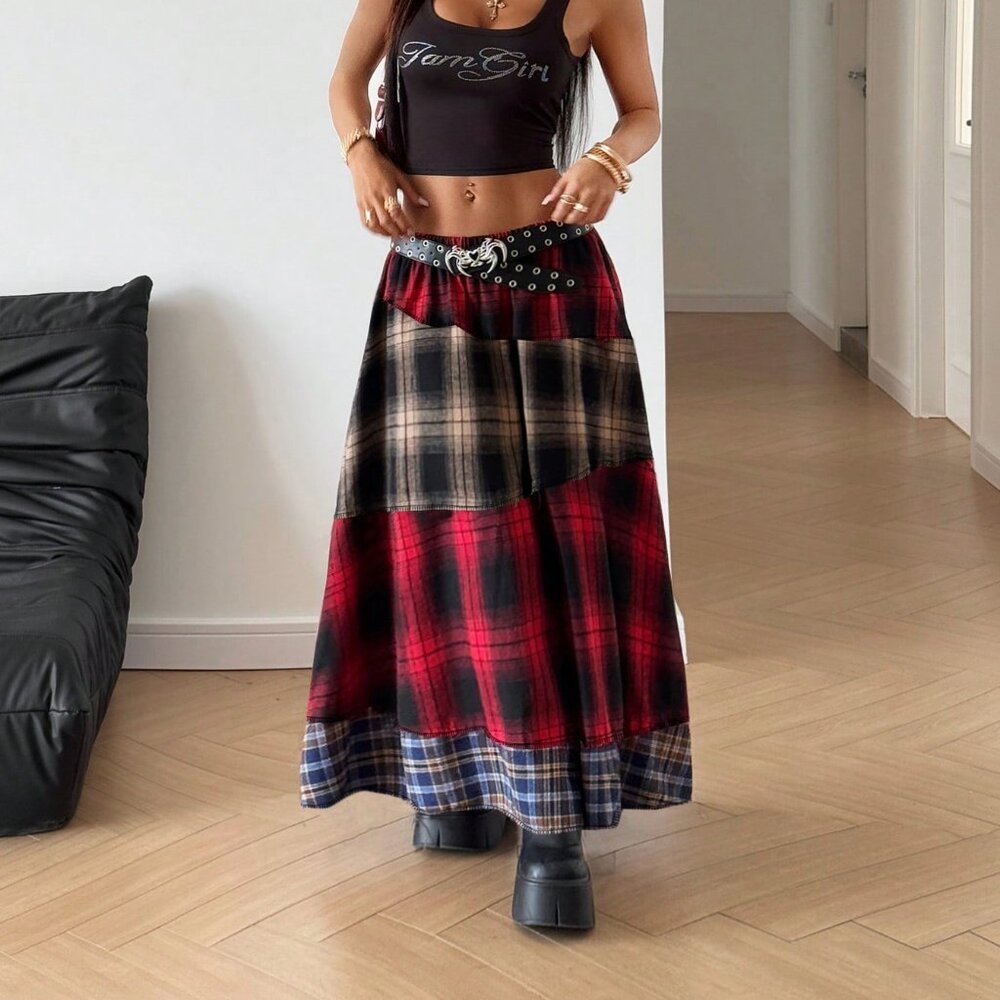 Multicolor Casual Women's Plaid Patchwork Maxi Skirt - Picture 1 of 6
